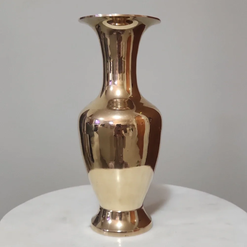 Vintage Elegant Golden Brass Vase and Candlestick Holder With Handle Set